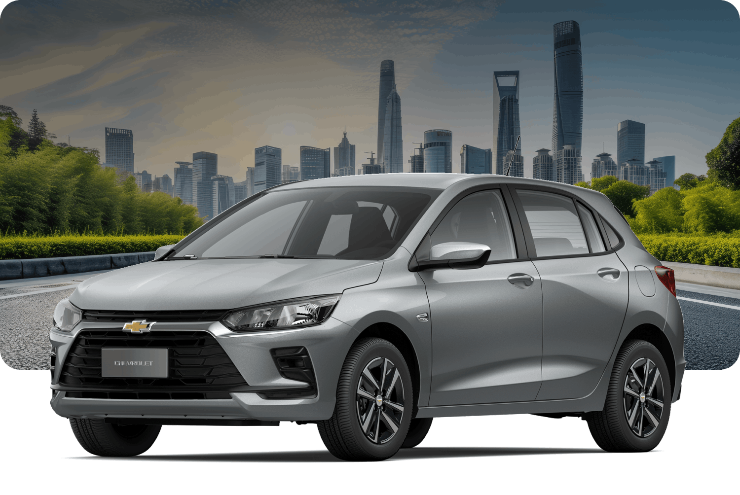 Chevrolet LT Turbo MT color gris frente a un skyline urbano